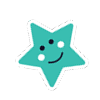 Smiling teal star with eyes and a mouth outlined in white and dark teal.
