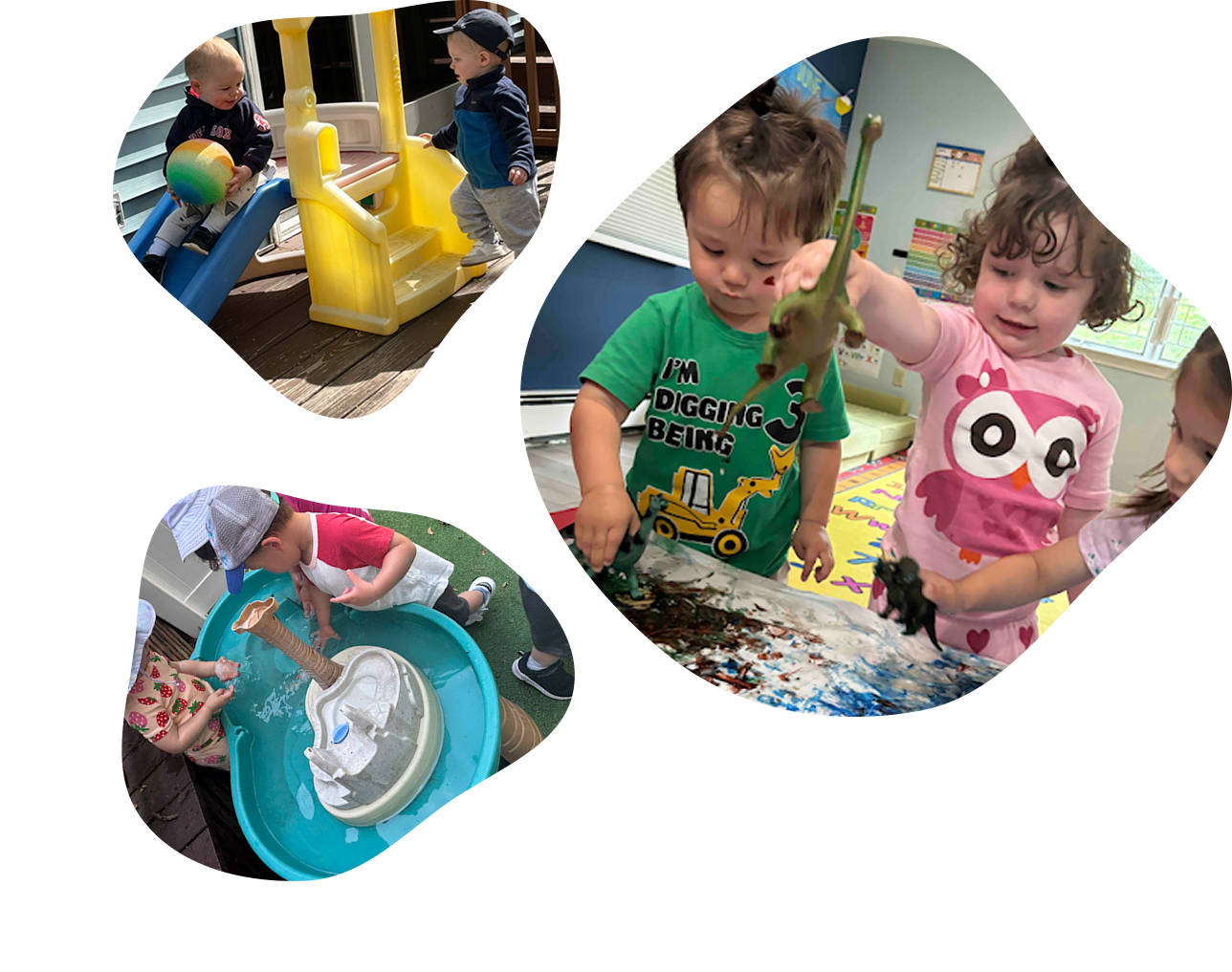 Collage of toddlers engaging in play: two boys playing on a slide with a ball outdoors, children exploring a water play table, and three kids playing with toy dinosaurs indoors.