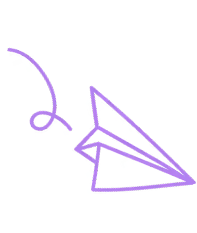 Purple wireframe paper airplane with a curved arrow looping around it on a white background.