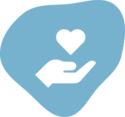 White hand holding a heart icon on a blue irregular shape background.
