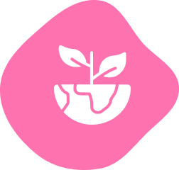 White sprouting plant icon inside a cracked half-globe on a pink abstract background.