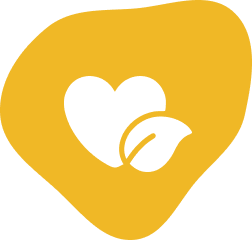 White heart and leaf icon on an irregular yellow background shape.