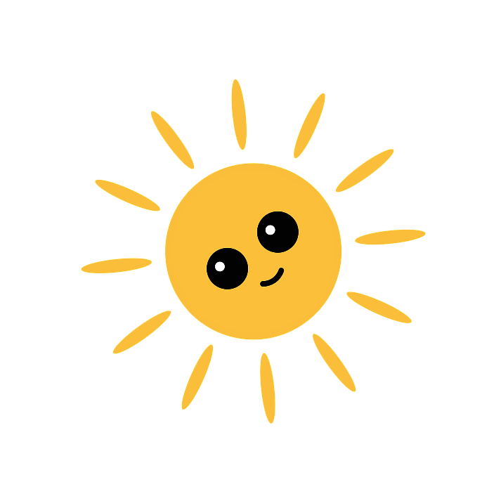 Smiling yellow sun with a cute face and rays on a black background.