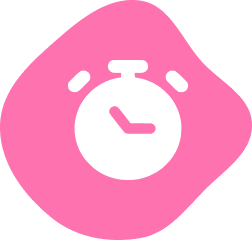 White stopwatch icon on a pink abstract shape background.
