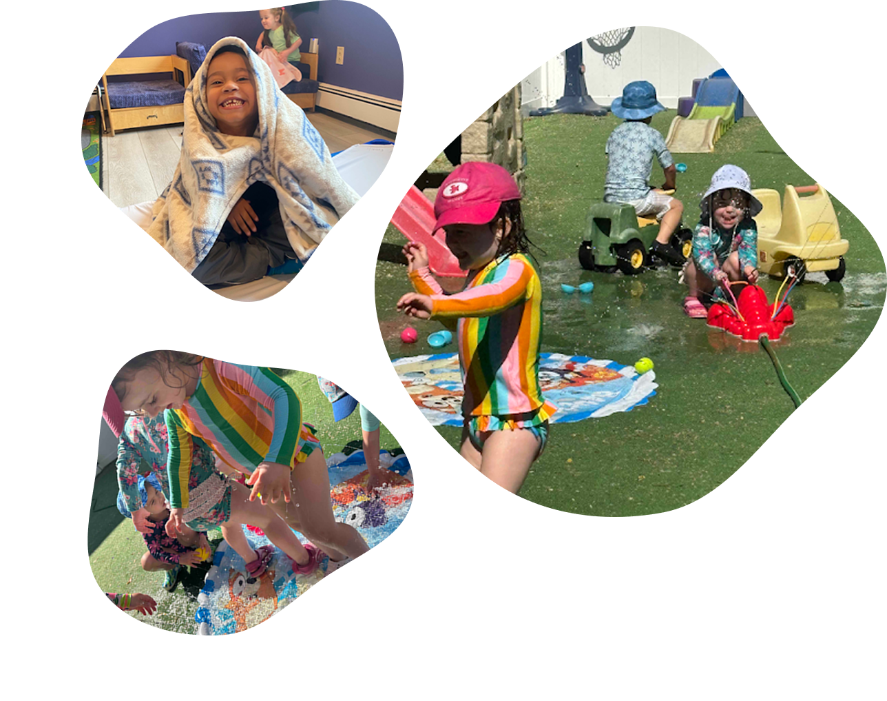 Collage of toddlers engaging in play: two boys playing on a slide with a ball outdoors, children exploring a water play table, and three kids playing with toy dinosaurs indoors.