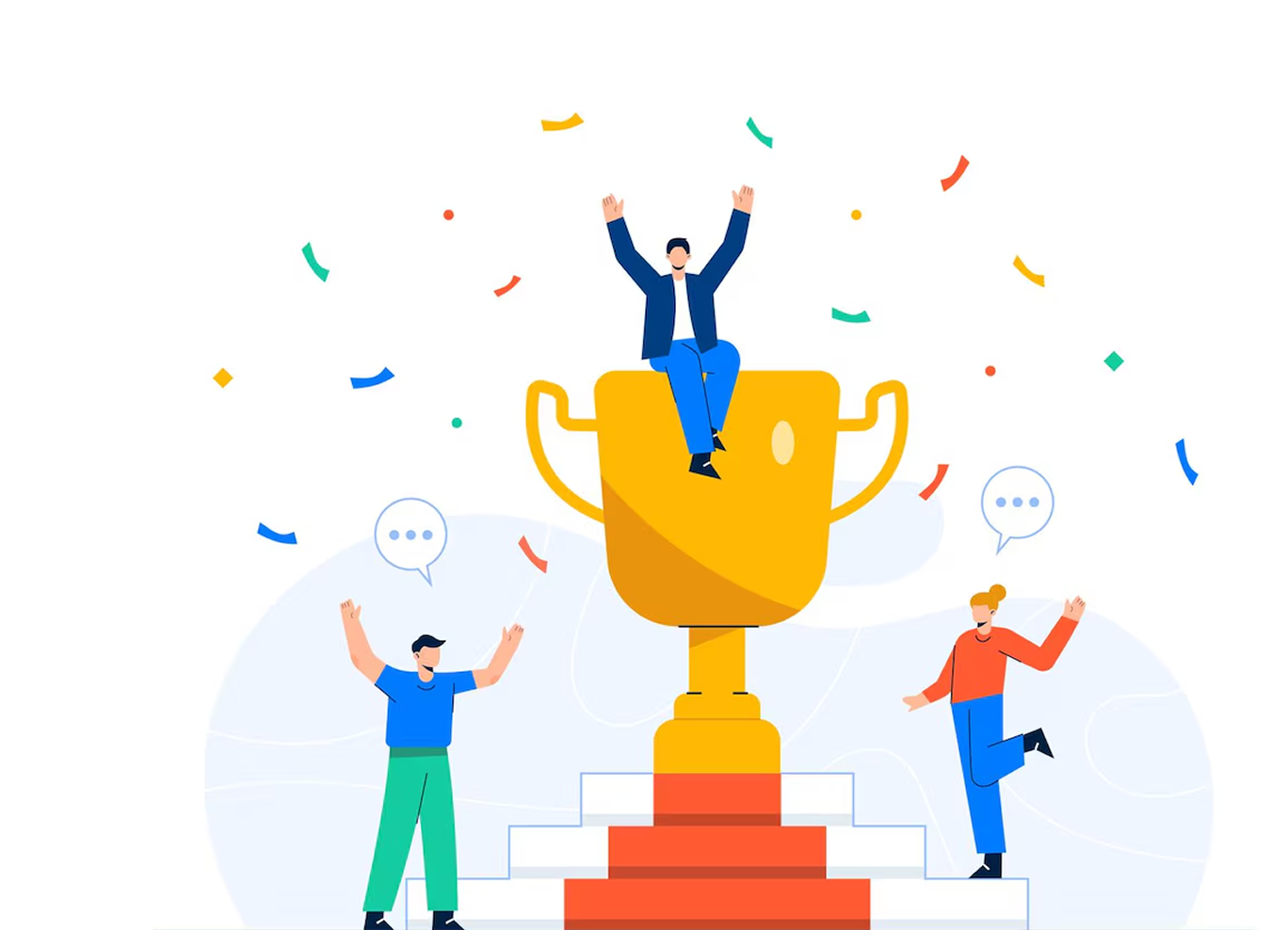 Illustration of a person sitting on a large golden trophy with two others celebrating on stairs beside it, with colorful confetti falling.