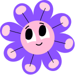 Cute purple cartoon character with a round face, big eyes, and multiple petal-like arms.