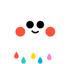 Smiling white cloud with red cheeks and colorful raindrops falling below it.