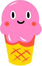 Smiling pink ice cream scoop in a yellow waffle cone with a crisscross pattern and two orange sprinkles.