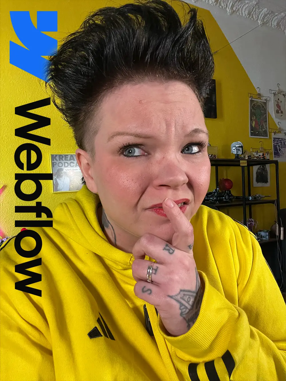 Open Graph Thumbnail: Kim Weber überlegt vor gelber Wand – Webflow Logo und Text „Ist es das richtige Tool?“
