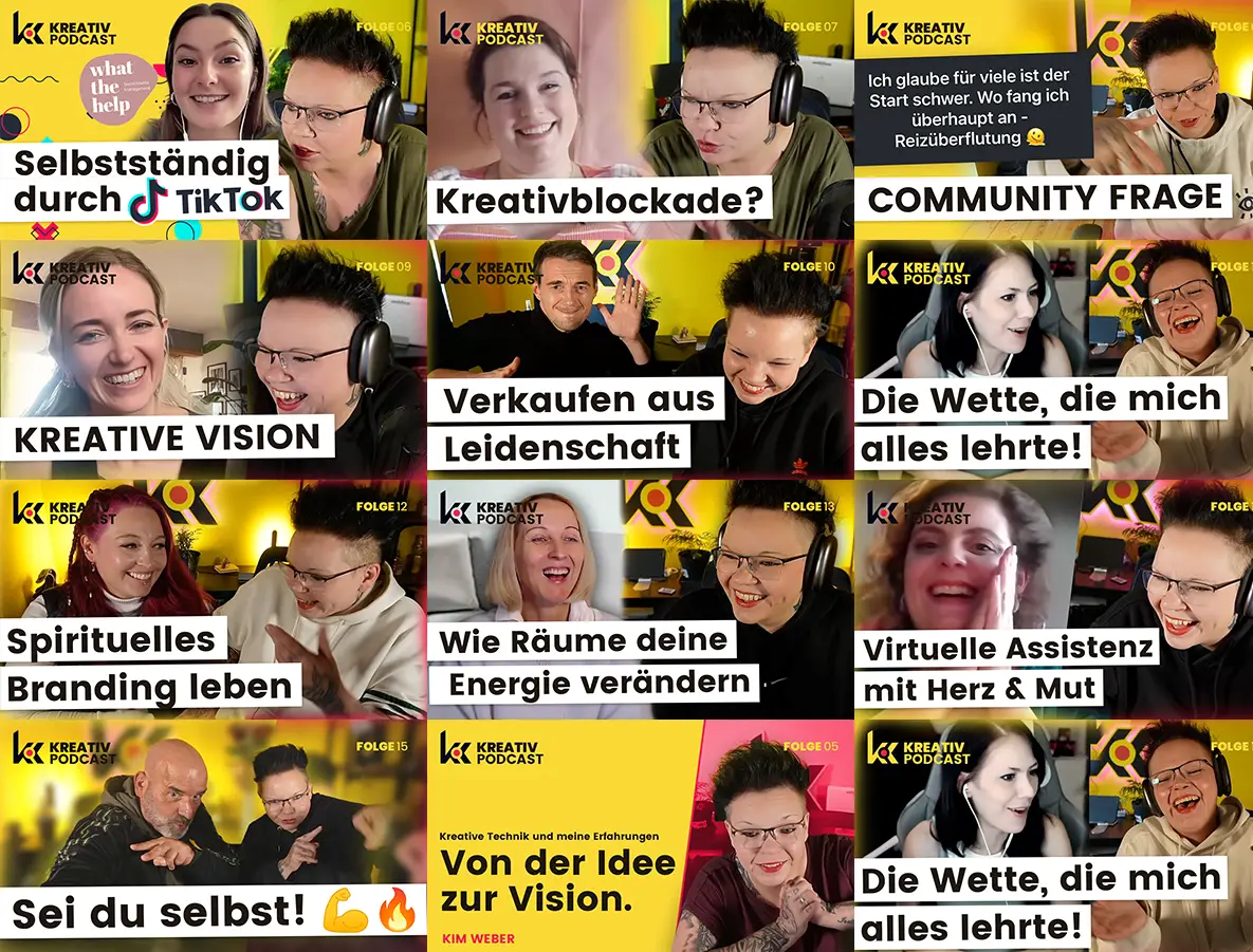 Übersicht der Podcast-Gäste – KreativPodcast von Kim Weber mit inspirierenden Persönlichkeiten aus Kreativ- und Businesswelt