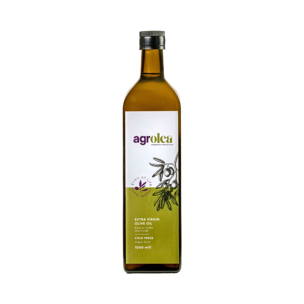 Bottle of Agrolea extra virgin cold press olive oil, 1000 ml, with an olive branch illustration.