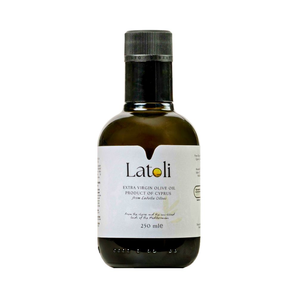 250ml dark green bottle of Latoli extra virgin olive oil from Cyprus with white label.