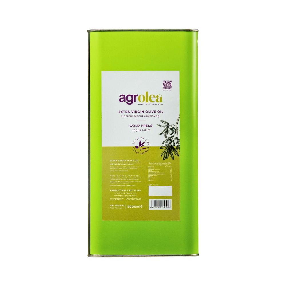 Green metal canister of Agrolea brand extra virgin cold-pressed olive oil, 5000ml.