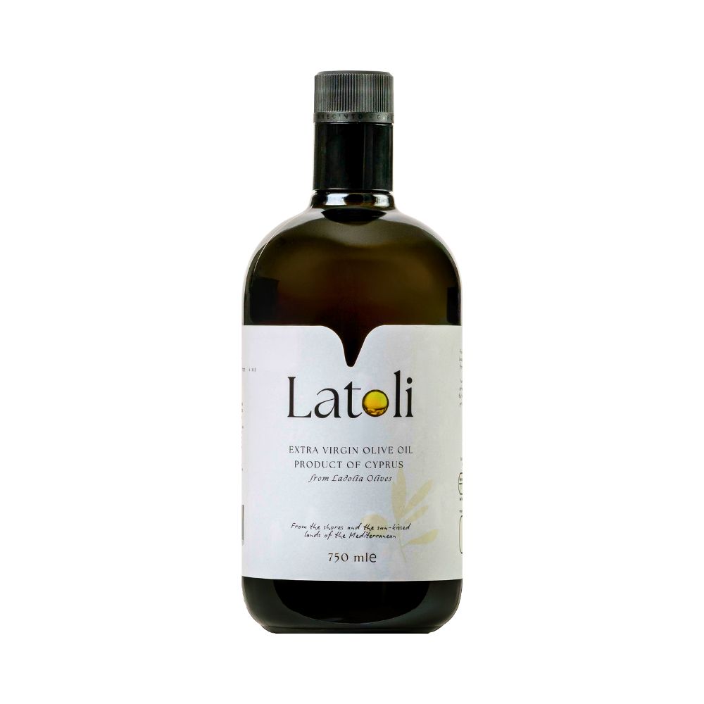 Bottle of Latoli extra virgin olive oil, product of Cyprus, 750 ml, with white label and black cap.