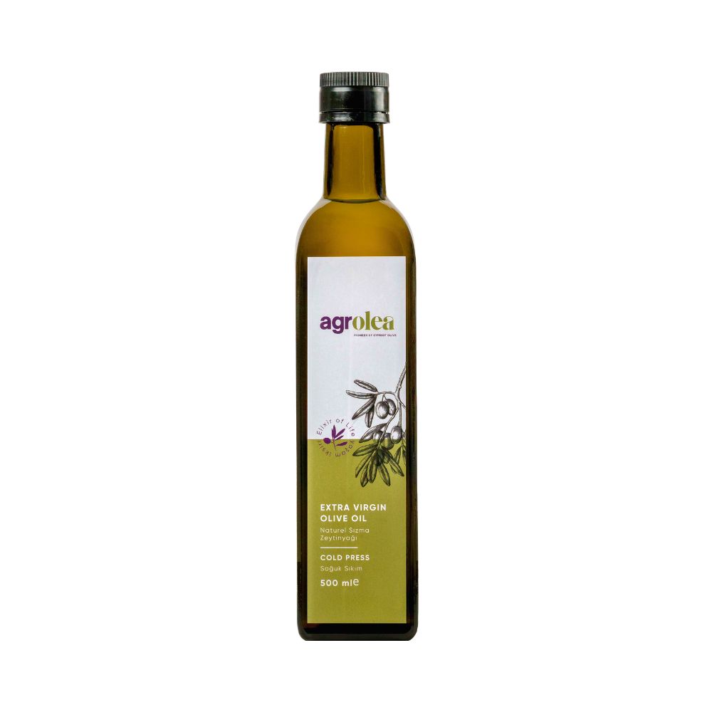 Bottle of Agrolea extra virgin olive oil, cold press, 500 ml with olive branch illustration.