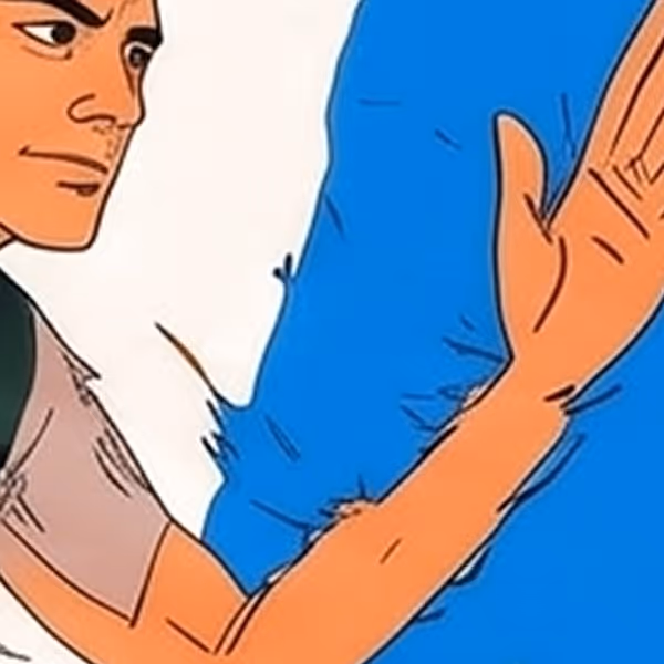 Illustrated runner face and arm detail against blue background