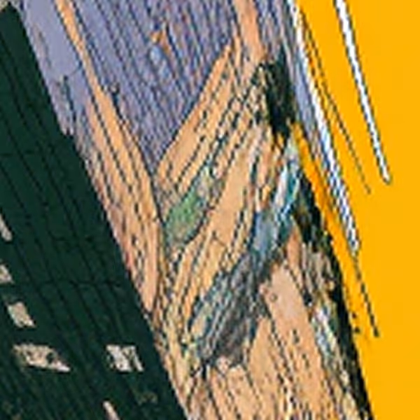 Illustrated dark glass tower with yellow stripe detail