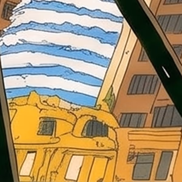 Illustrated aerial city view with yellow and beige buildings detail