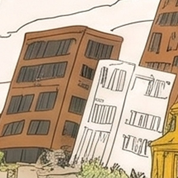 Illustrated brown and white city buildings detail