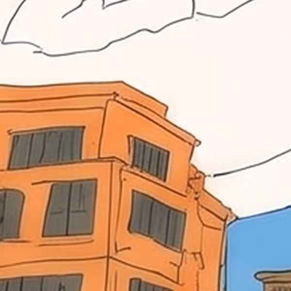Illustrated orange building facade detail against white sky