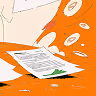 Illustration of scattered documents on an orange surface with coins