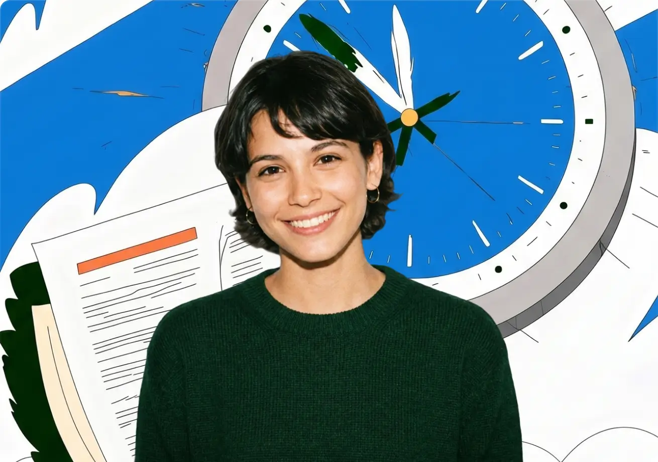 Smiling young woman in a green sweater against an illustrated clock and documents background