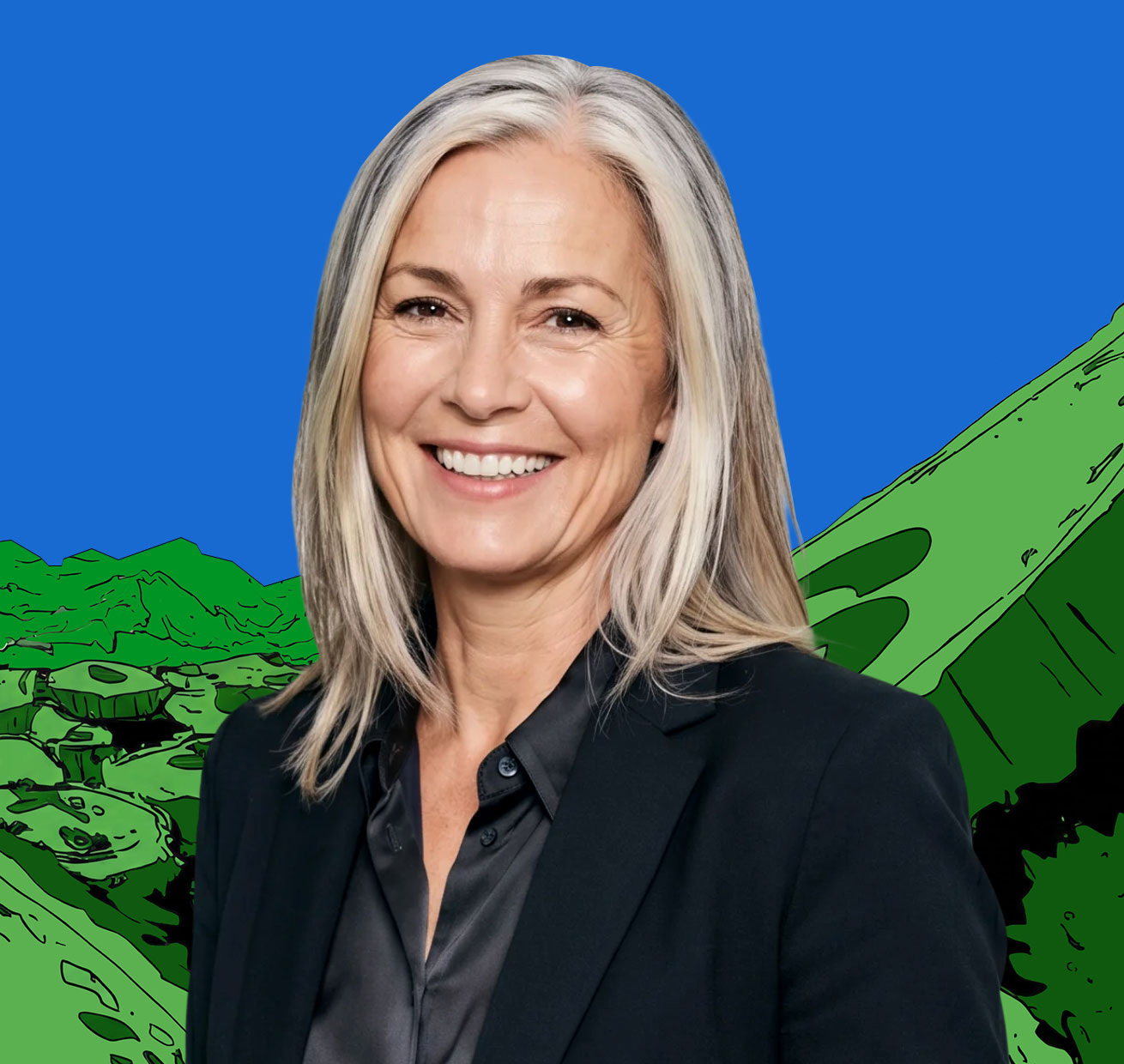 Smiling woman with grey hair in a black blazer against an illustrated orange background