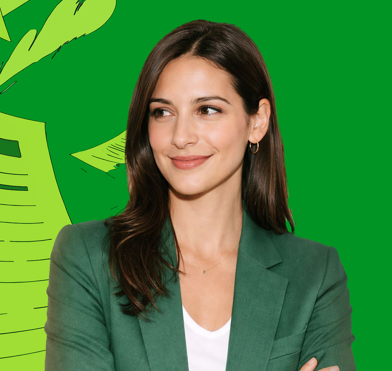 Smiling woman in a green suit against an illustrated city background