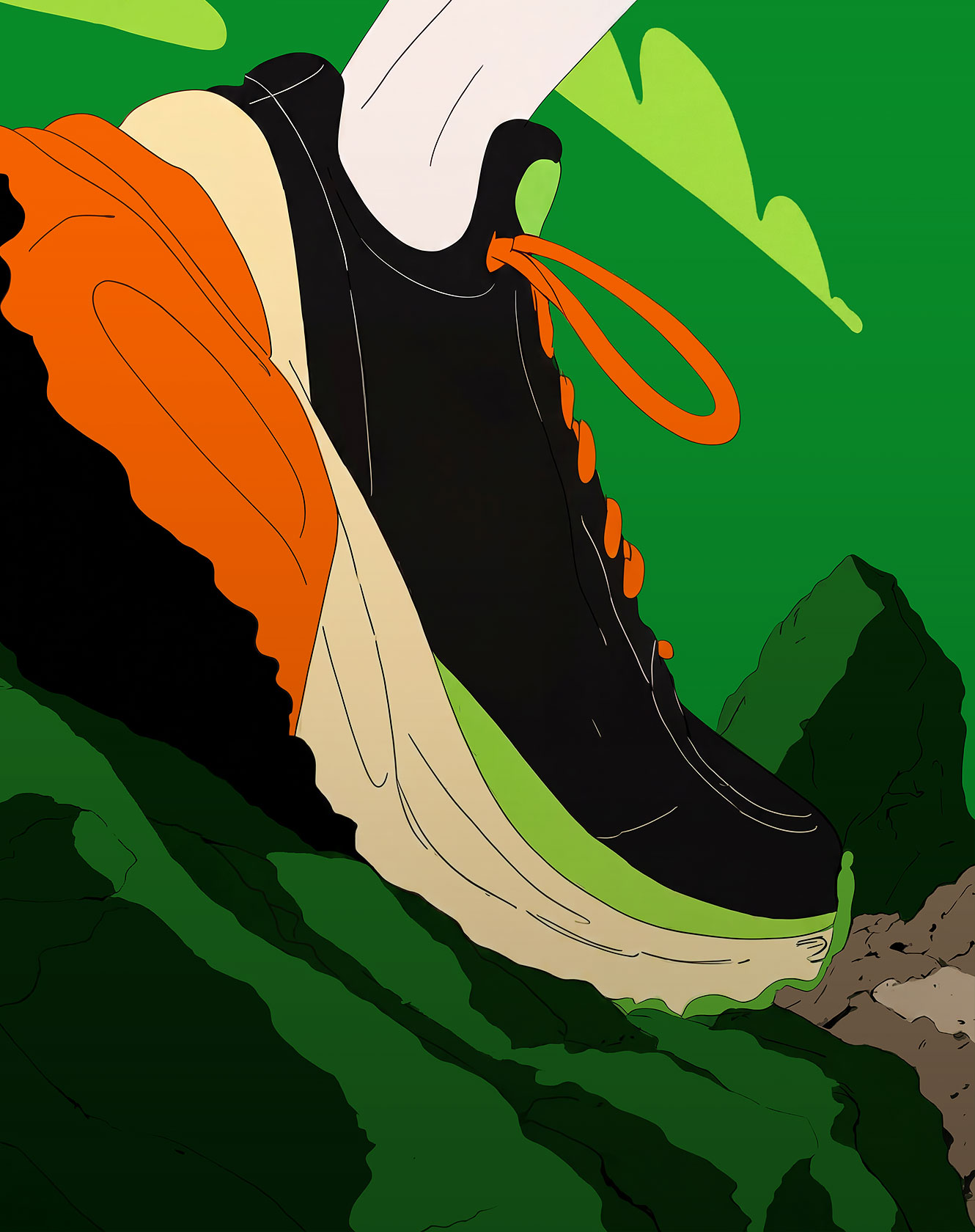 Illustrated athlete running over a pile of green euro coins with mountains in the background