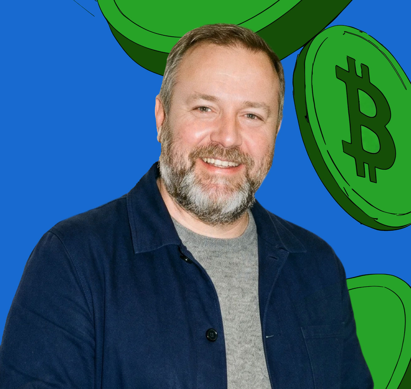 Smiling man in a blue t-shirt against an illustrated yellow background