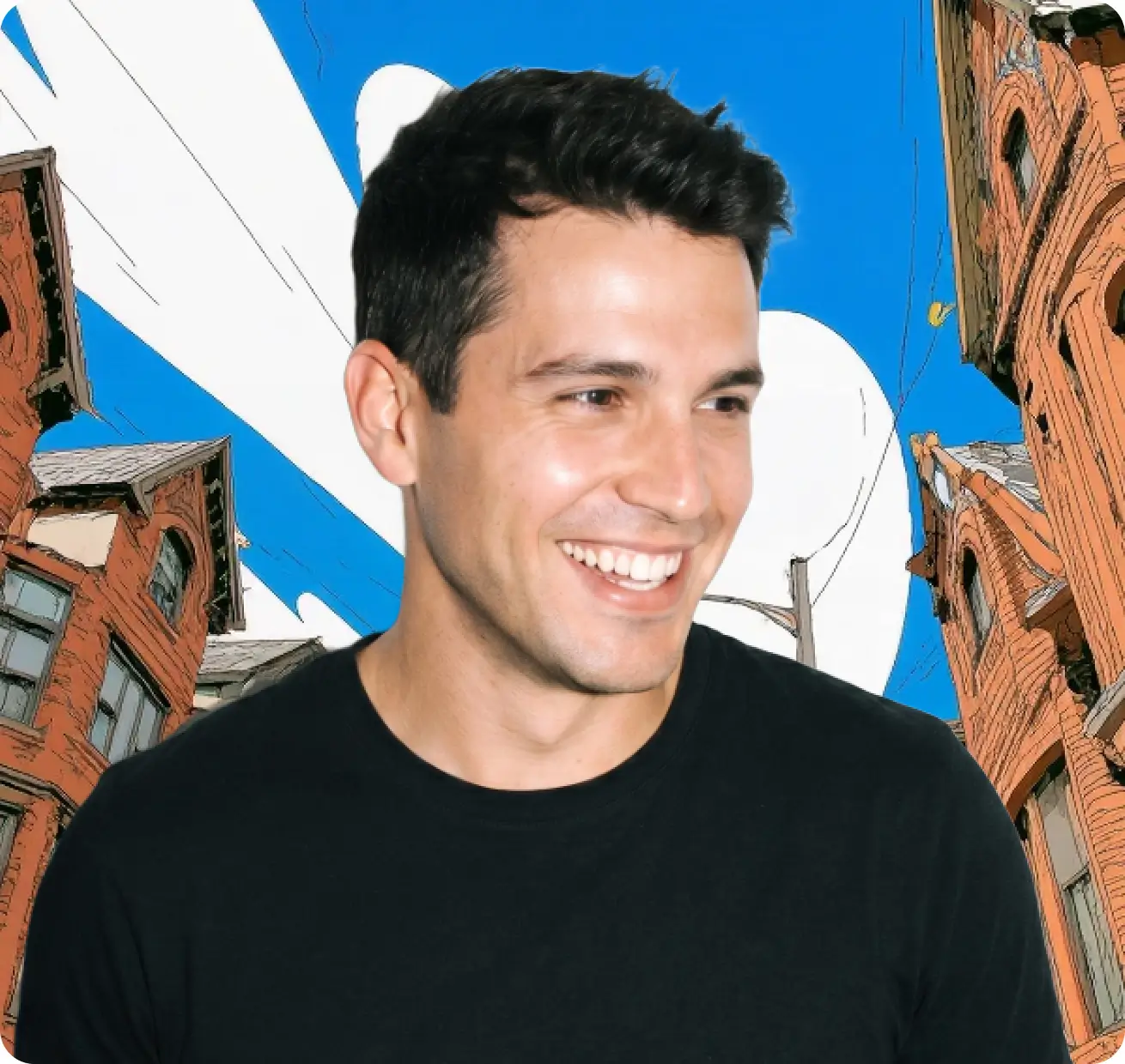 Smiling man in a black sweater against an illustrated cityscape