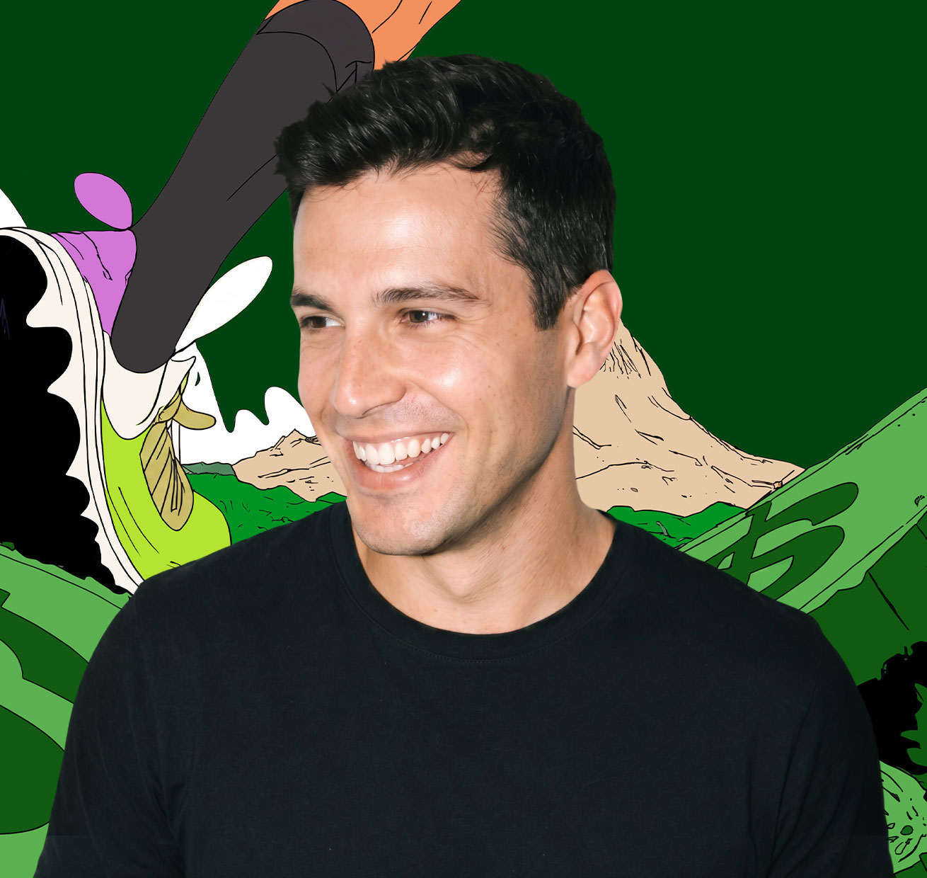 Smiling man in a black sweater against an illustrated cityscape