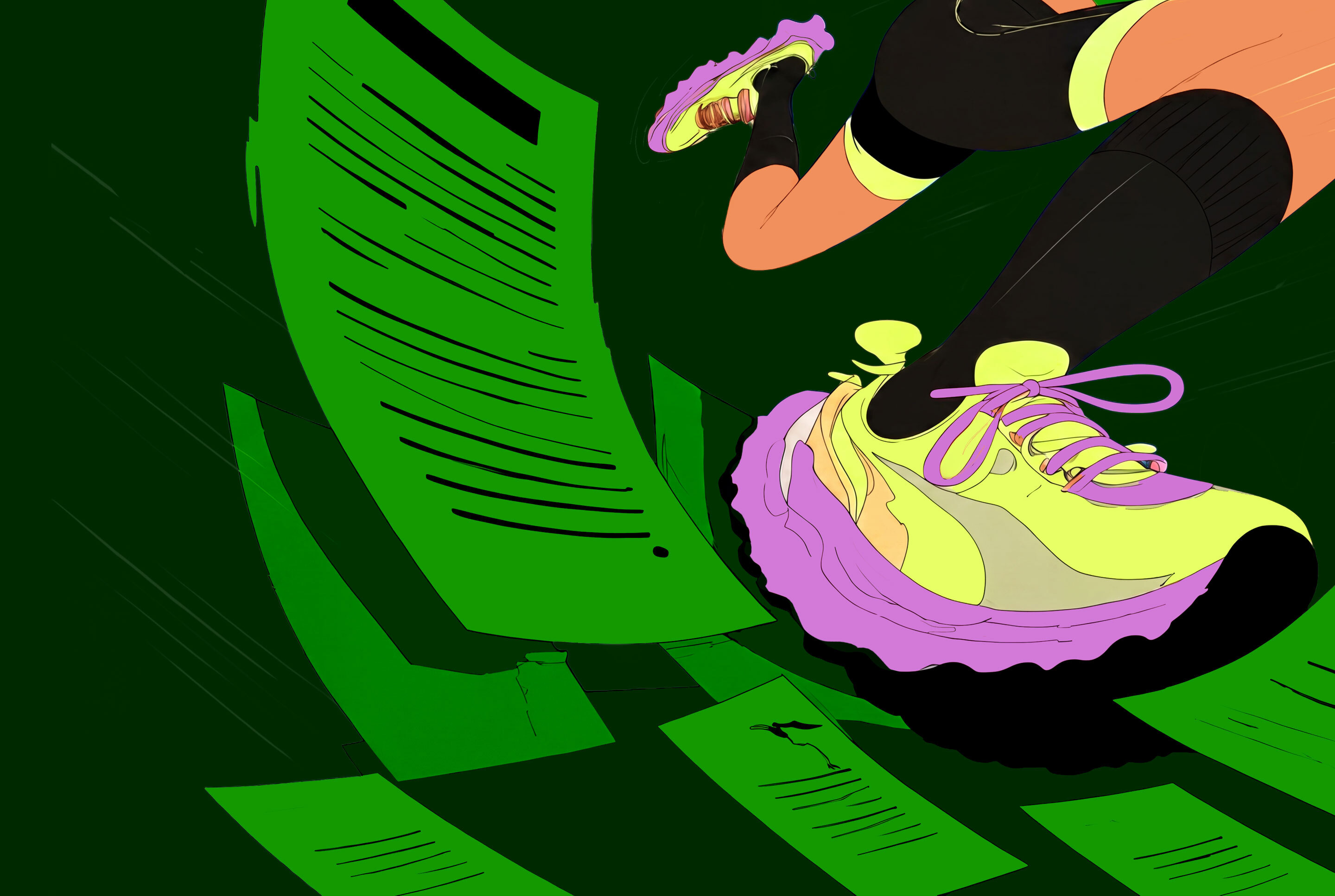 Illustrated close-up of a runner's legs in yellow-green and purple sneakers stepping over scattered green papers