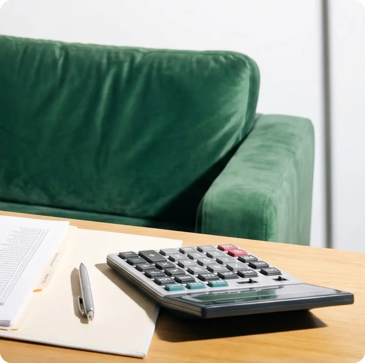 Calculator and documents with a pen on a wooden desk in front of a green velvet sofa