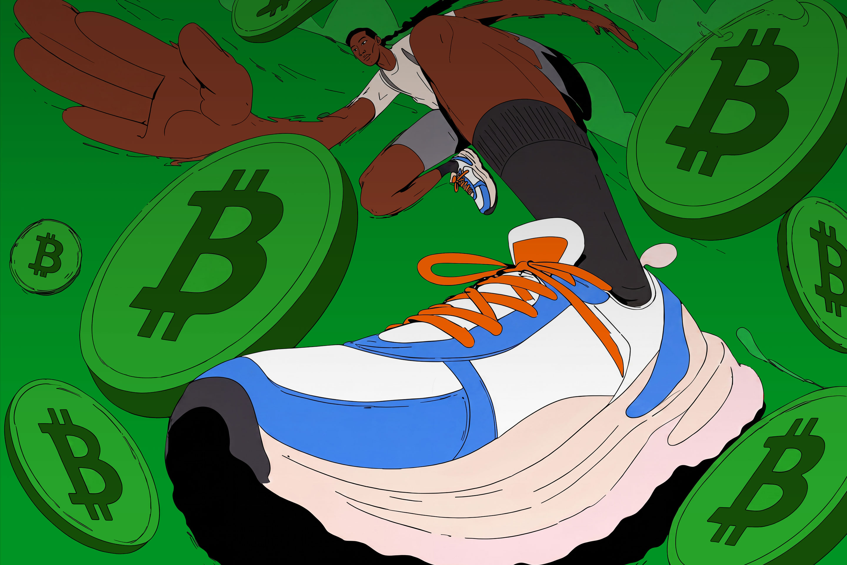 Illustrated runner sprinting up stone stairs with Bitcoin coins rolling around against a blue sky
