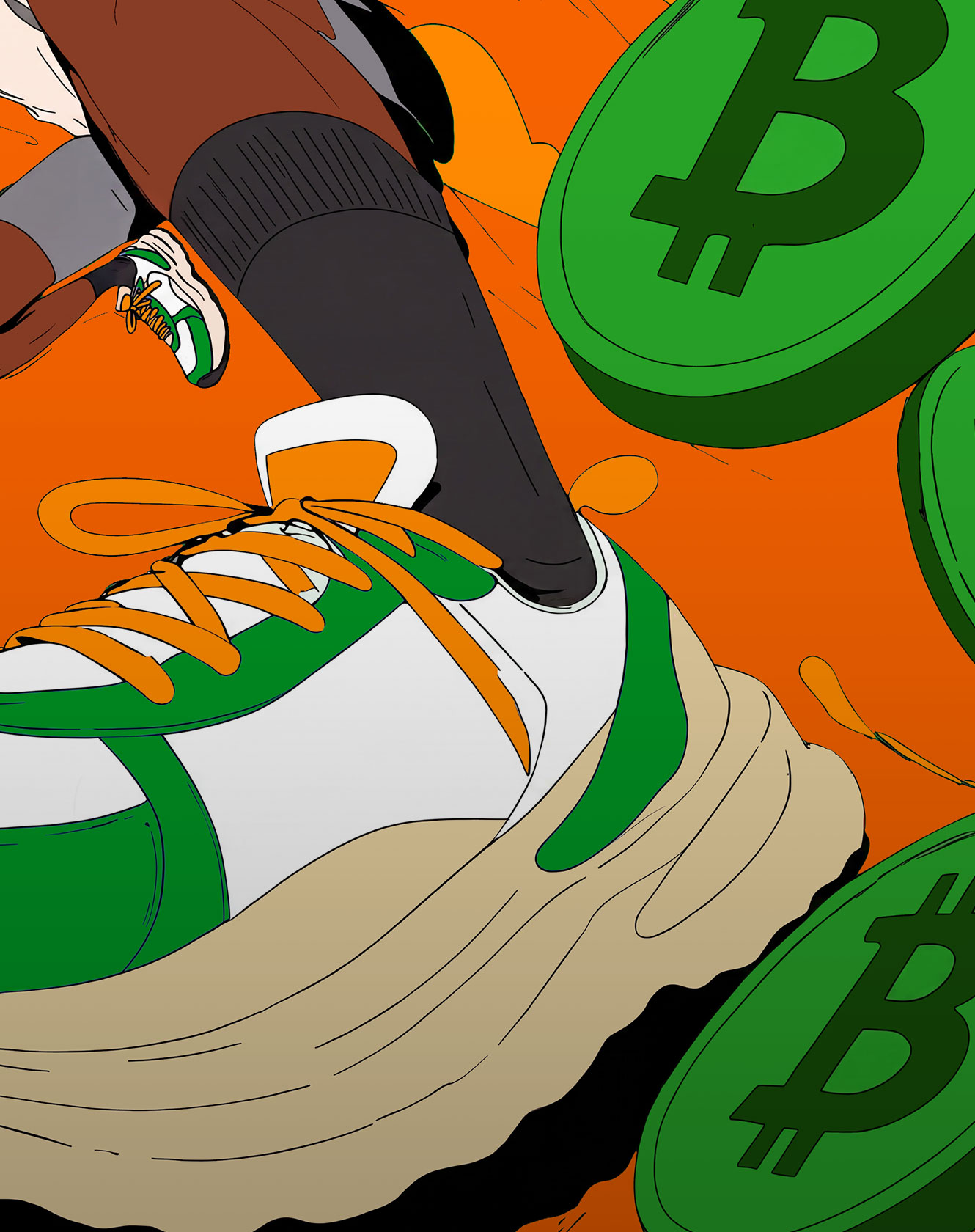 Illustrated Bitcoin coins scattered across a volcanic orange lava landscape with rocky peaks