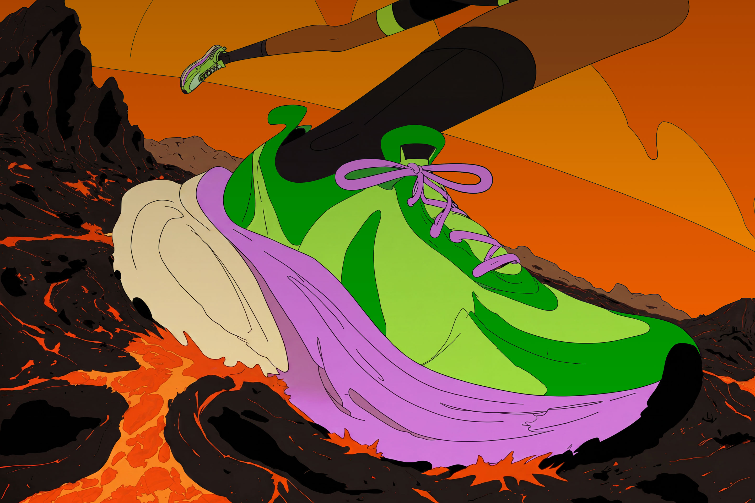 Illustrated sneaker stepping to the top of stone stairs above an orange lava landscape