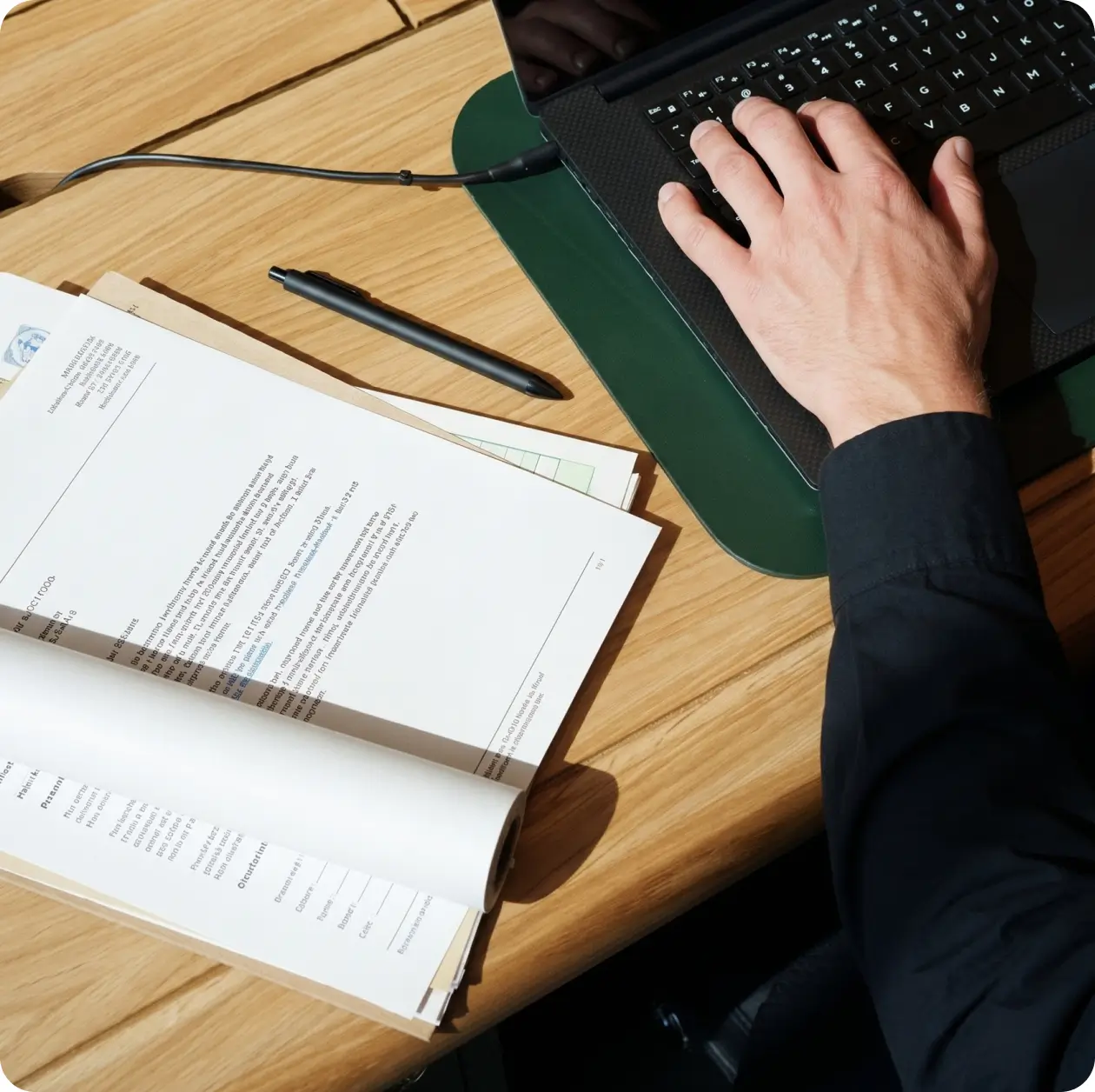 Close-up of a person's hand on a laptop keyboard next to an open document on a wooden desk