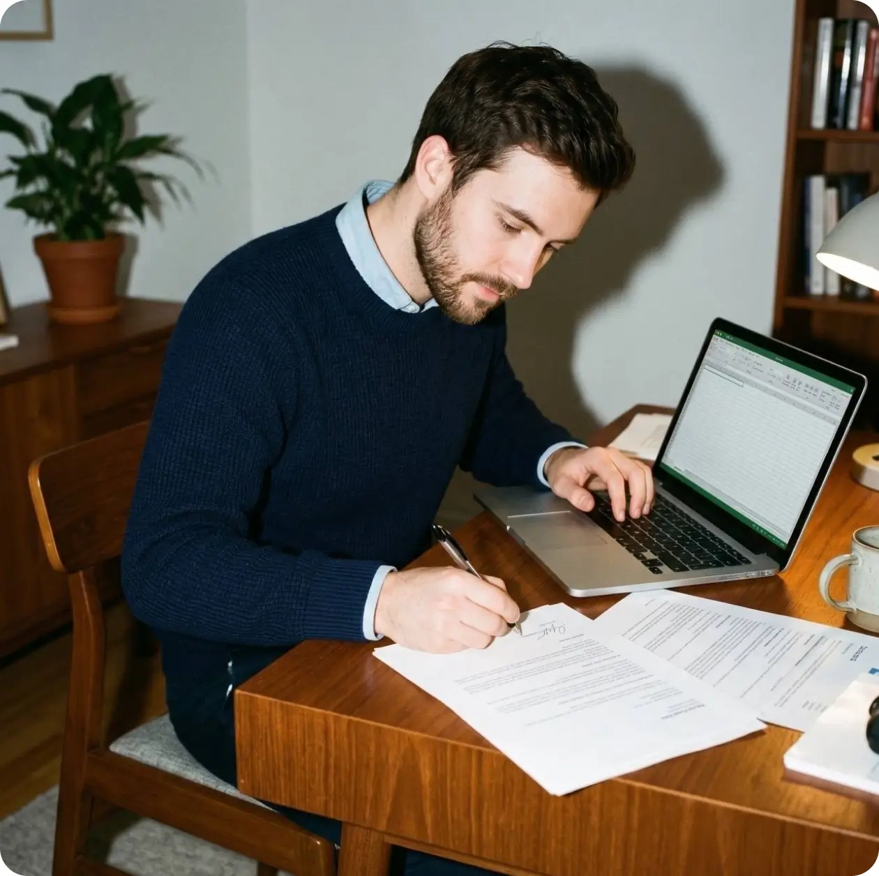Man in a navy sweater signing documents at a desk with a laptop open beside him