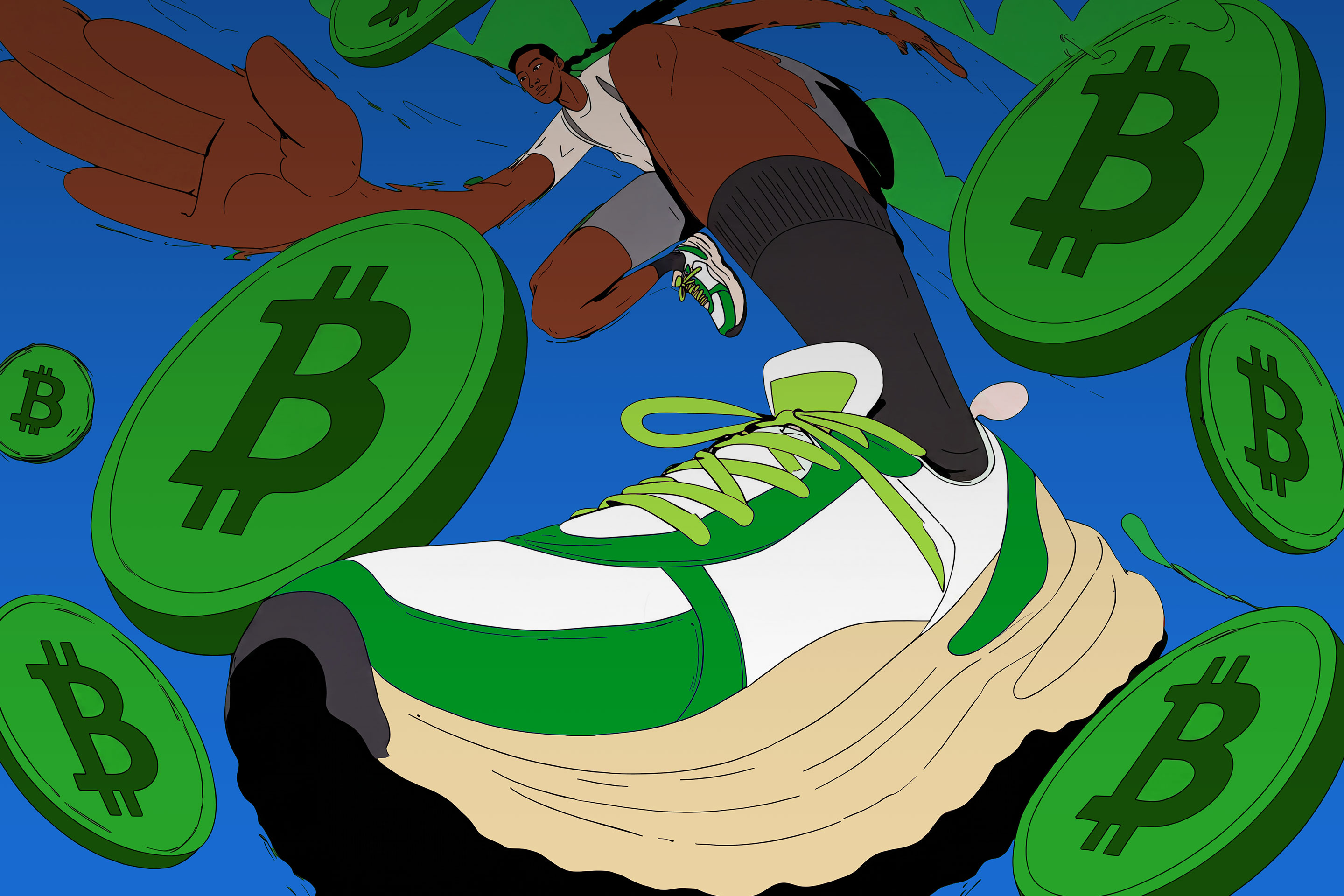 Illustrated anime-style runner sprinting across the surface of the Earth against a bright blue sky