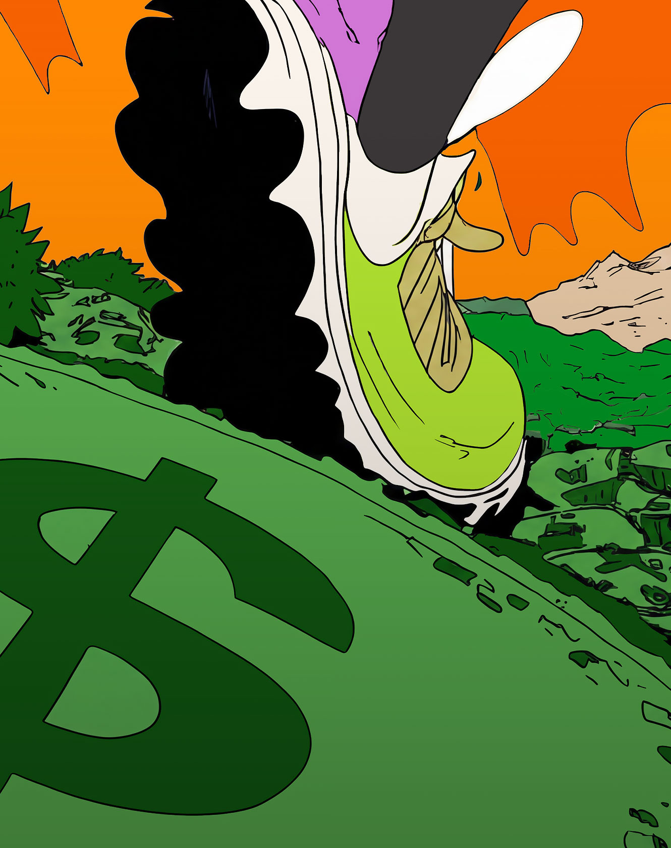 Illustrated anime-style runner with orange hair leaping off a burning cliff edge with documents flying in the background