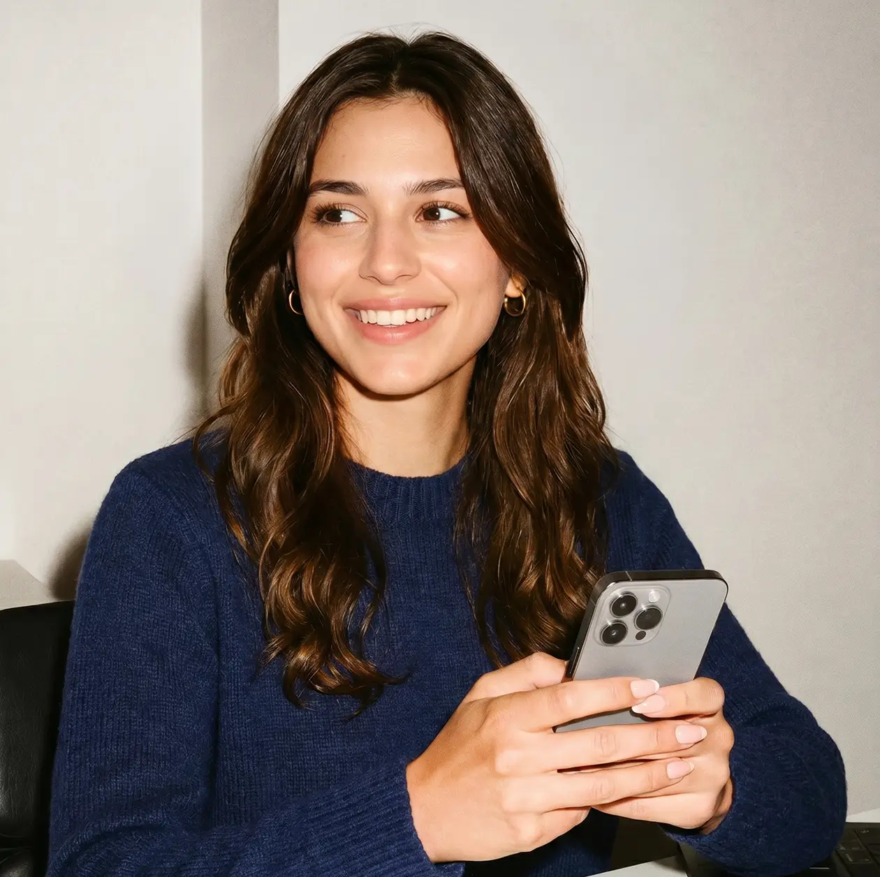 Smiling young woman in a navy sweater holding a smartphone