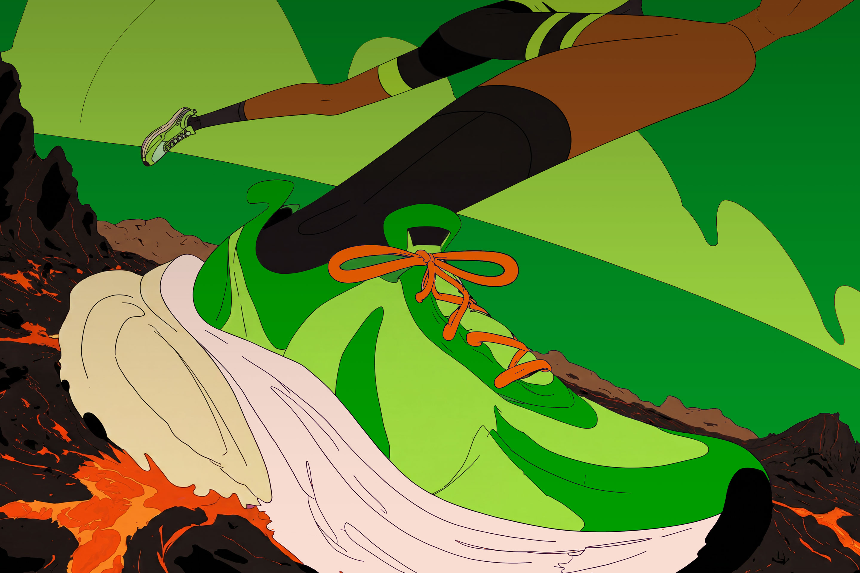 Illustrated anime-style female runner sprinting over gold coins and puzzle pieces against a dark green background