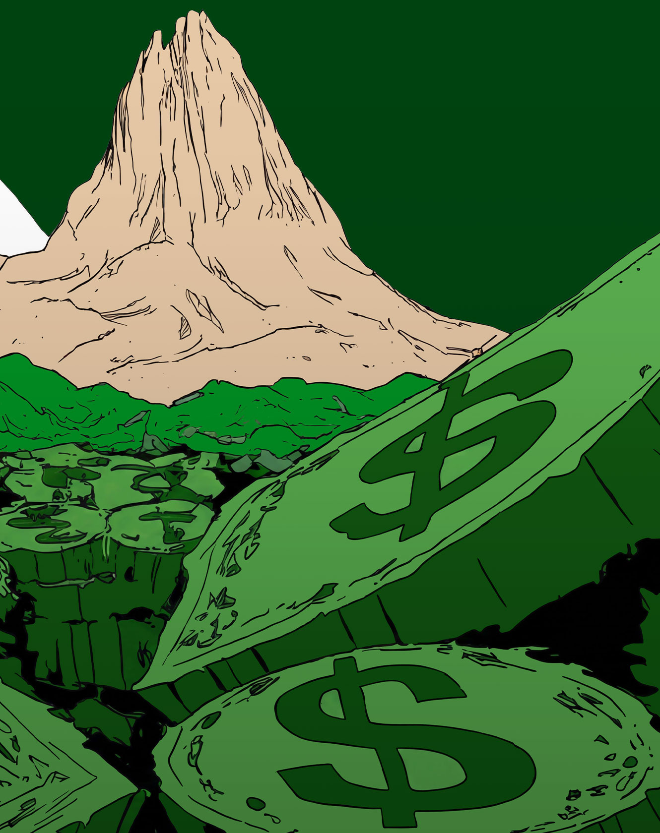 Illustrated runner leaping over giant green dollar coins scattered across an orange desert landscape