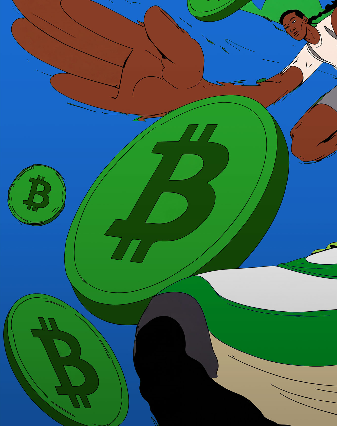 Illustrated runner holding a signed document while stepping through a desert landscape with rocky peaks