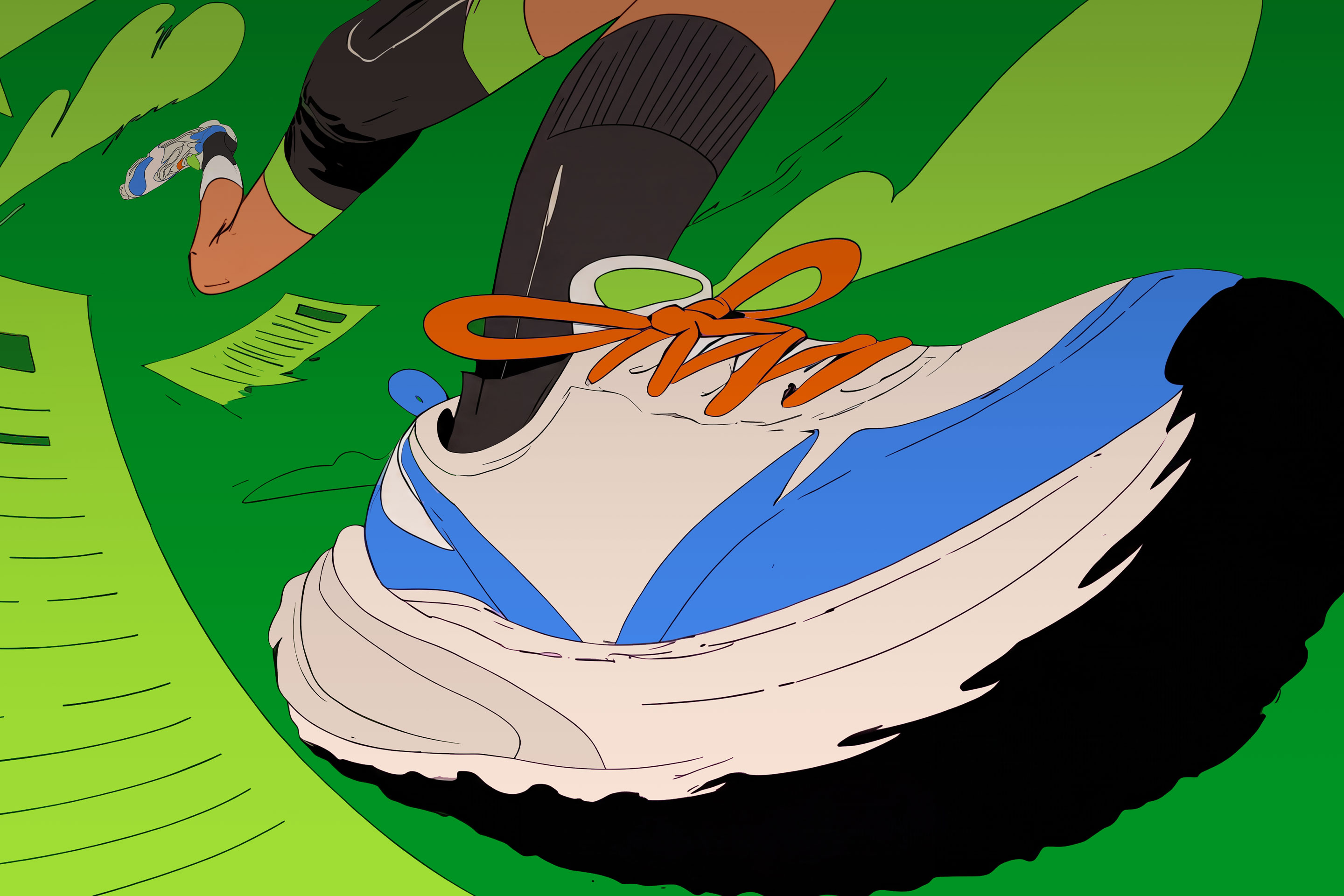 Illustrated anime-style runner leaping over a rocky canyon with a tall tower in the background