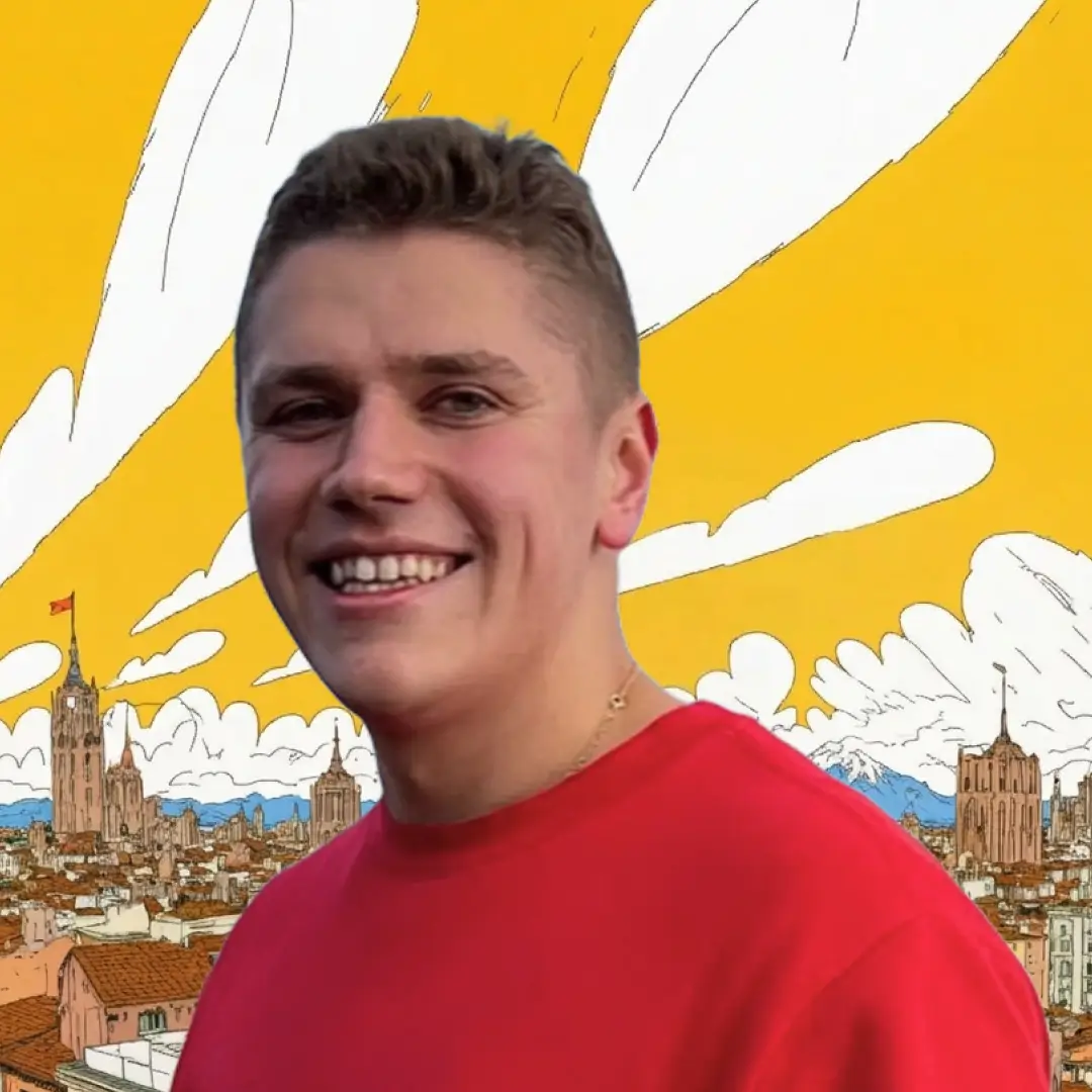 Vlad, Customer Success at Kleos, smiling headshot with illustrated cityscape background