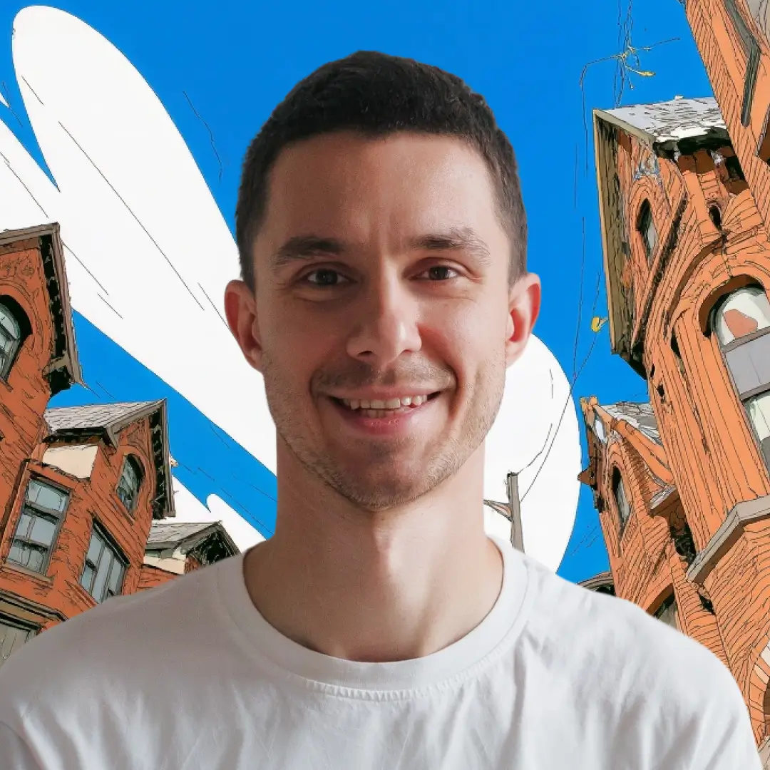 Igor, Sales at Kleos, smiling headshot with illustrated city background