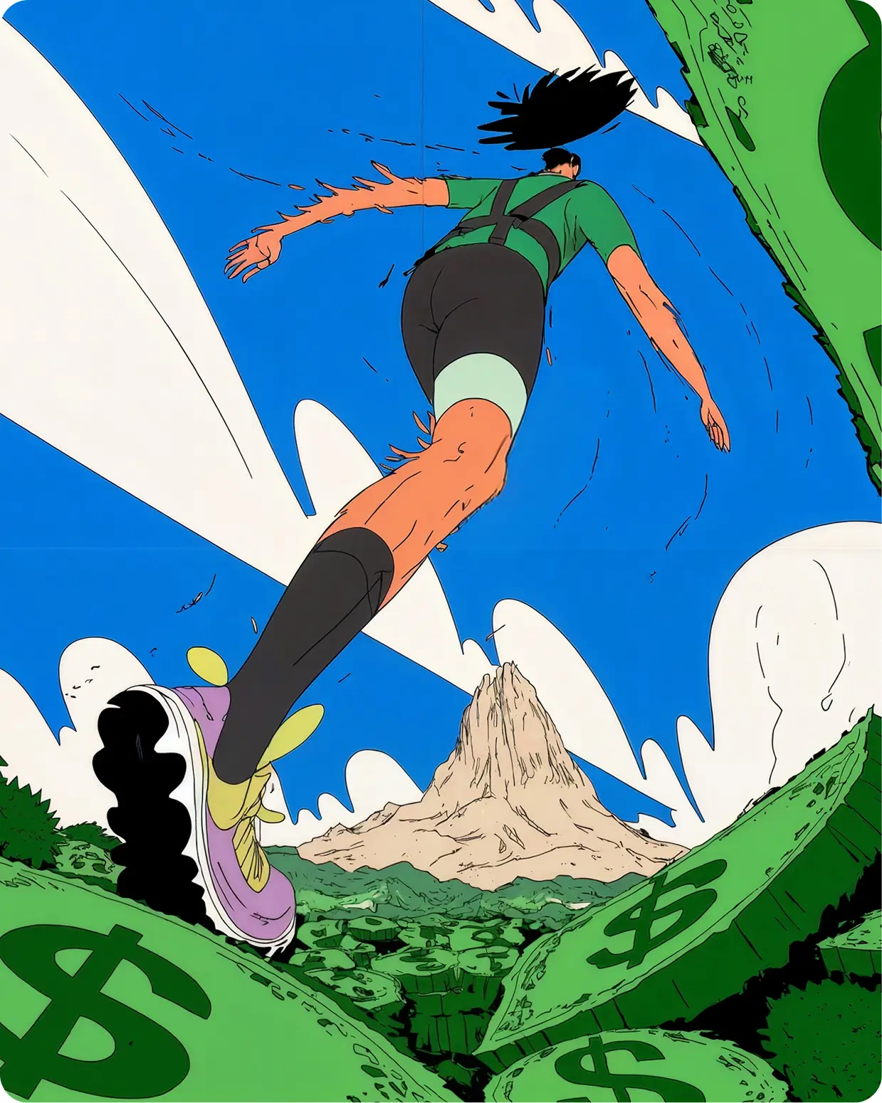Stylized illustration of a runner viewed from below, sprinting toward a mountain peak through a surreal green landscape.